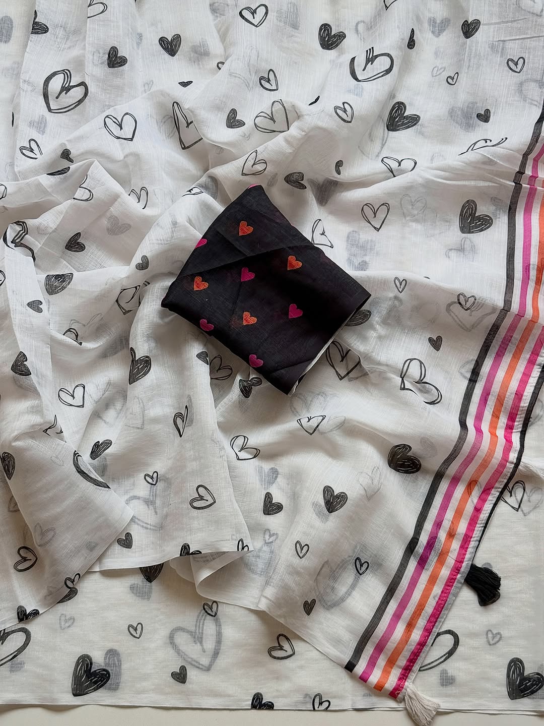 White and Black Heart-Print Saree with Multicolored Striped Border