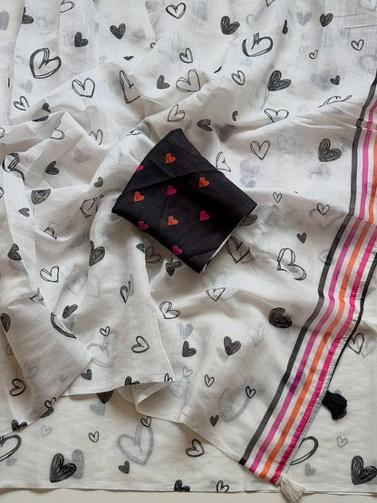White and Black Heart-Print Saree with Multicolored Striped Border