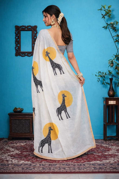 Whimsical Giraffe Motif Saree with Striped Blouse