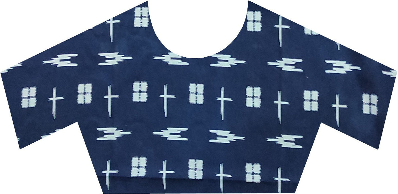 Indigo and White Striped Block-Printed Saree