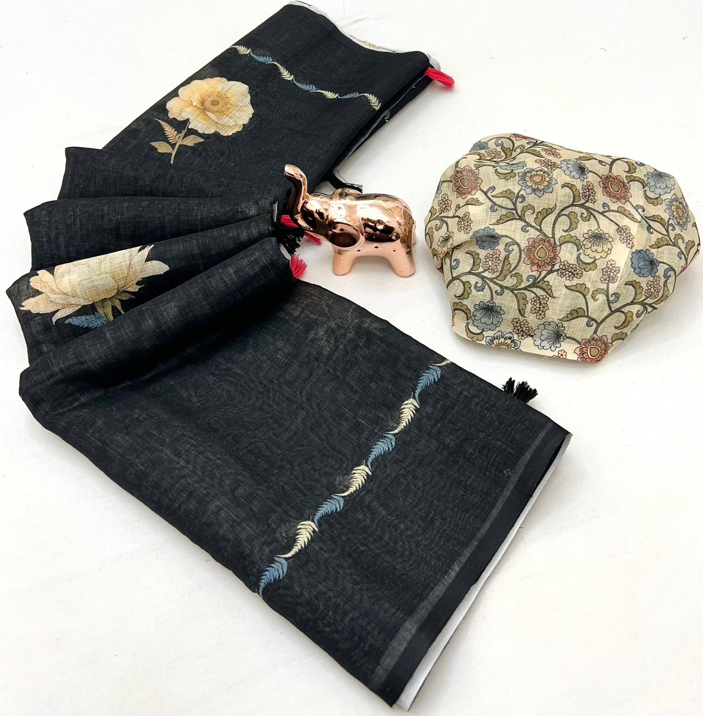 Black Botanical Print Linen Saree