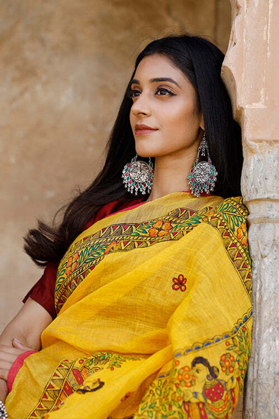 Yellow Linen Saree with Traditional Folk Art Print