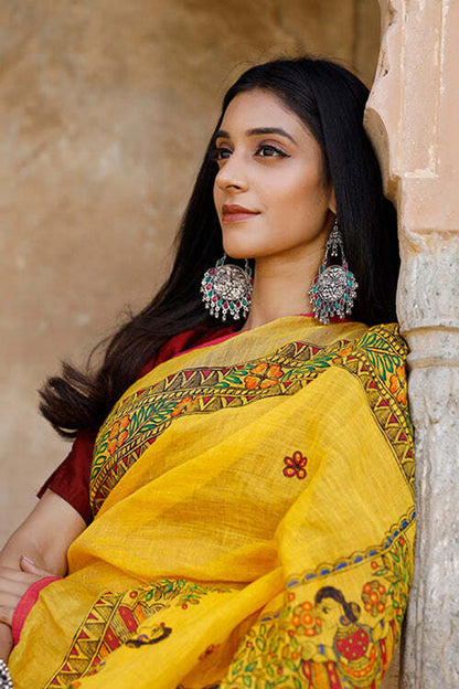 Yellow Linen Saree with Traditional Folk Art Print