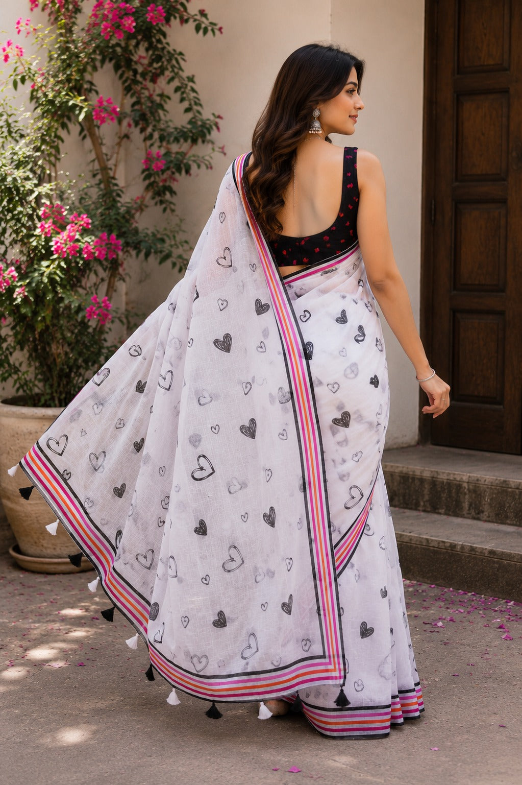 White and Black Heart-Print Saree with Multicolored Striped Border