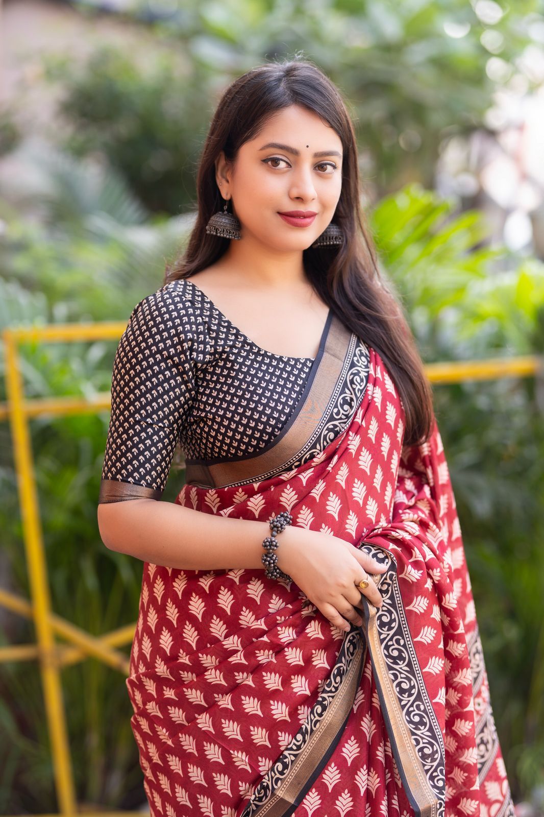 Red and Black Ajrakh Style Cotton Crape Saree