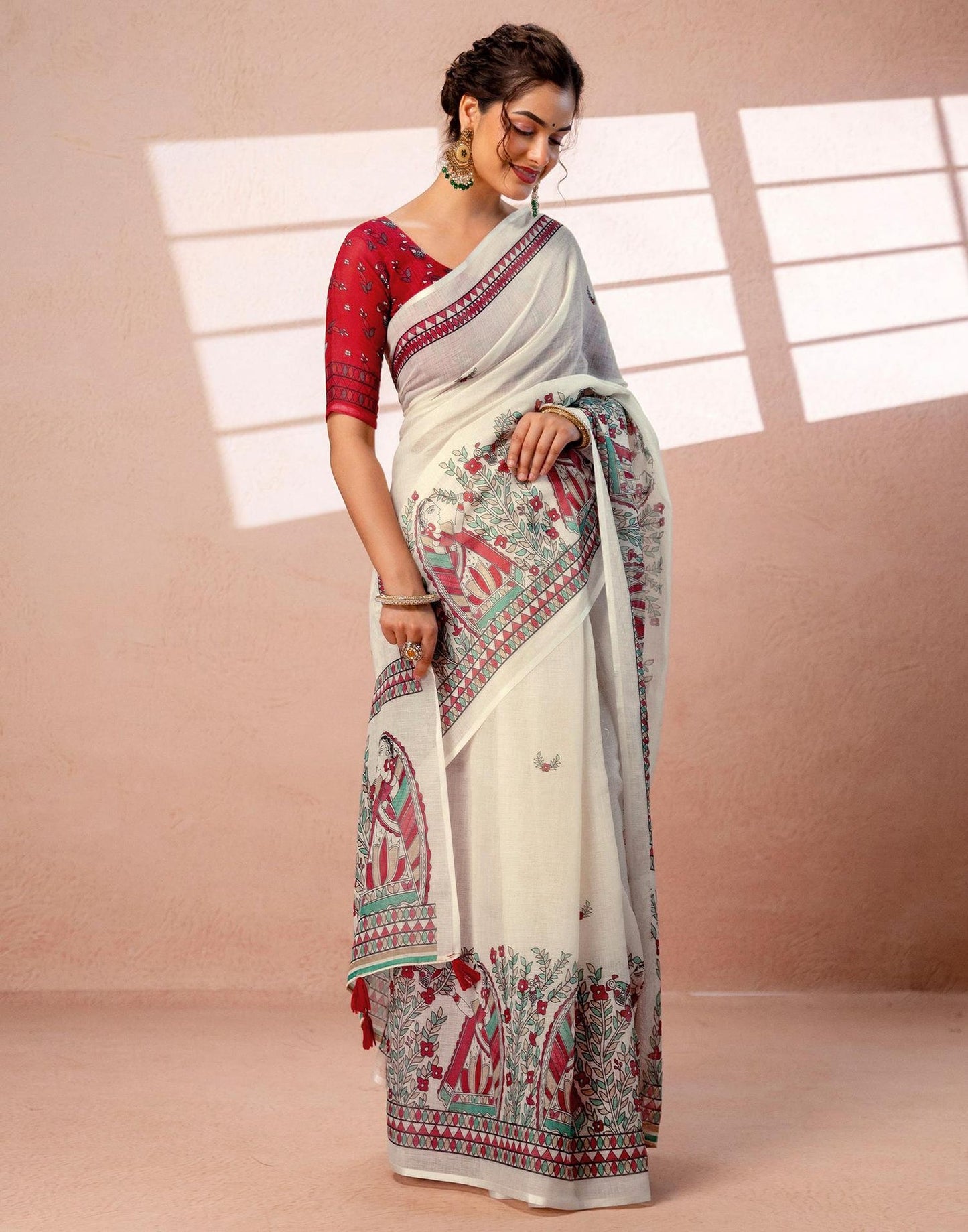 Off-White Linen Saree with Red and Teal Folk Art Print
