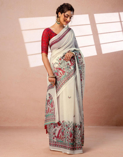 Off-White Linen Saree with Red and Teal Folk Art Print