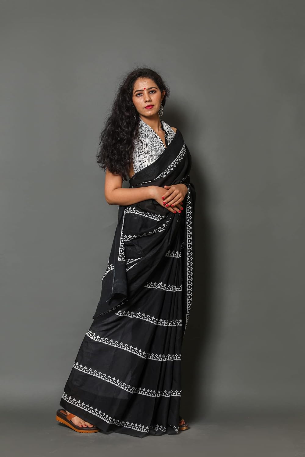 Classic Black and White Block-Printed Saree