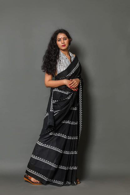 Classic Black and White Block-Printed Saree