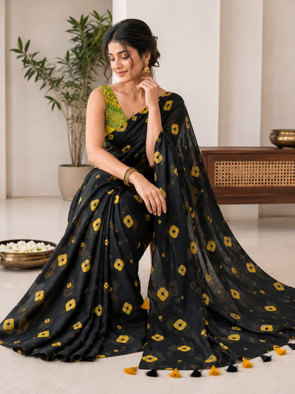 Black and Yellow Bandhani-Inspired Saree