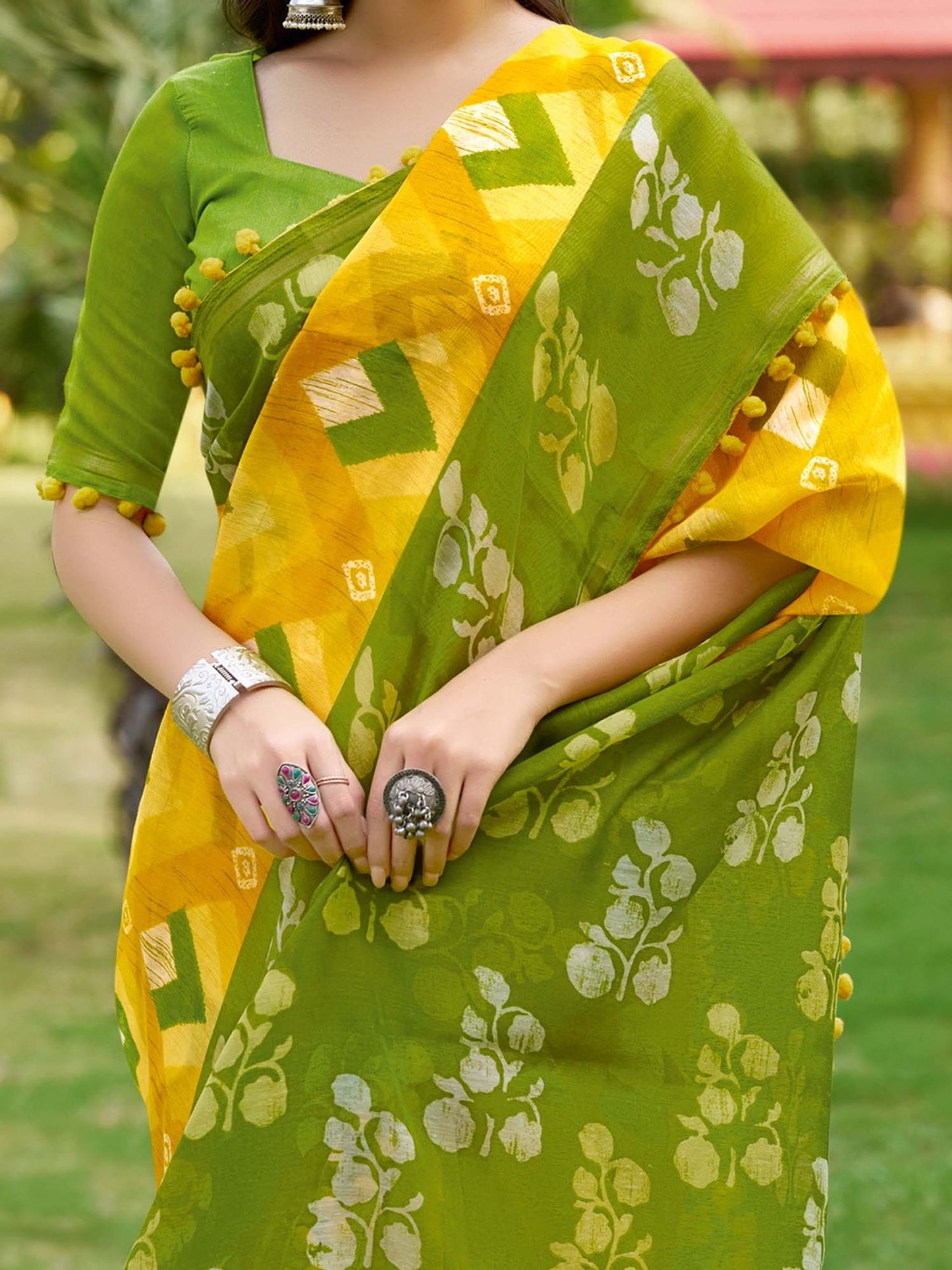 Yellow and Olive Green Printed Saree with Pom-Pom Lace