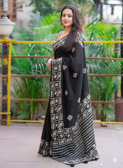 Black Batik Print Saree with Striped Blouse