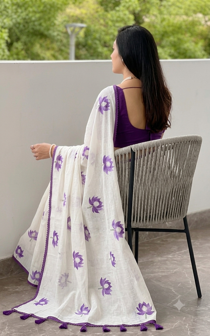 Ivory White & Royal Purple Linen Saree with Lotus Design