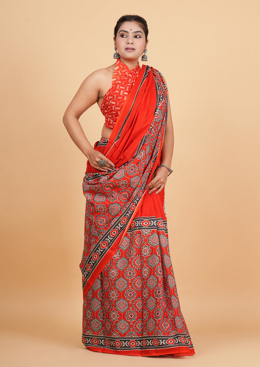 Vibrant Red and Charcoal Geometric Block-Print Saree