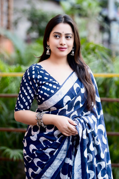 Navy Blue and White Wave-Pattern Batik Saree