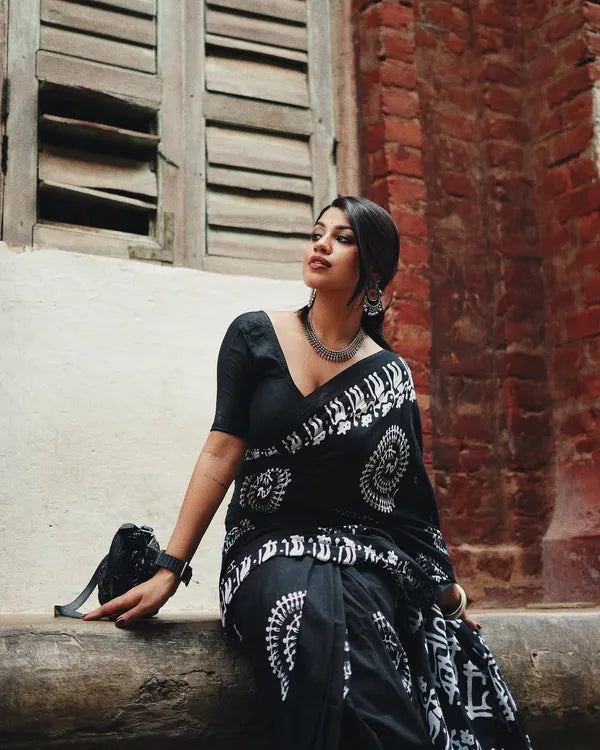 Classic Black and White Tribal Art Saree