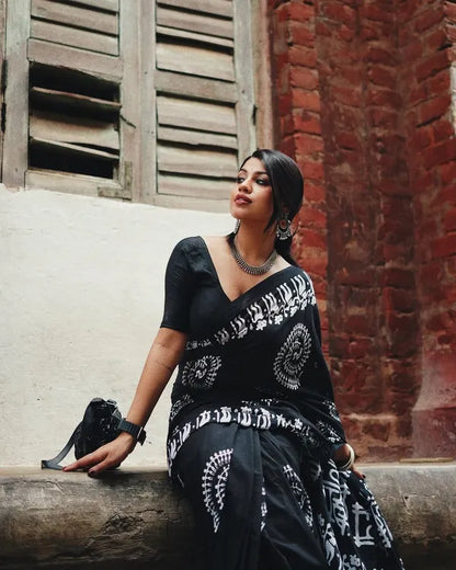 Classic Black and White Tribal Art Saree