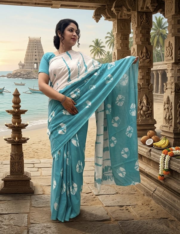 Turquoise and White Tie-Dye Saree with Shibori Motifs