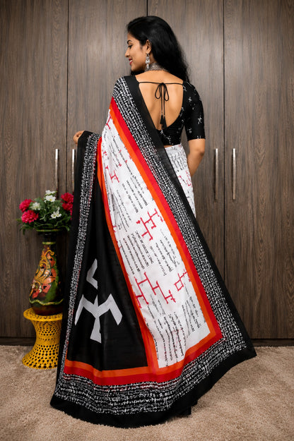 White and Black Saree with Script Print