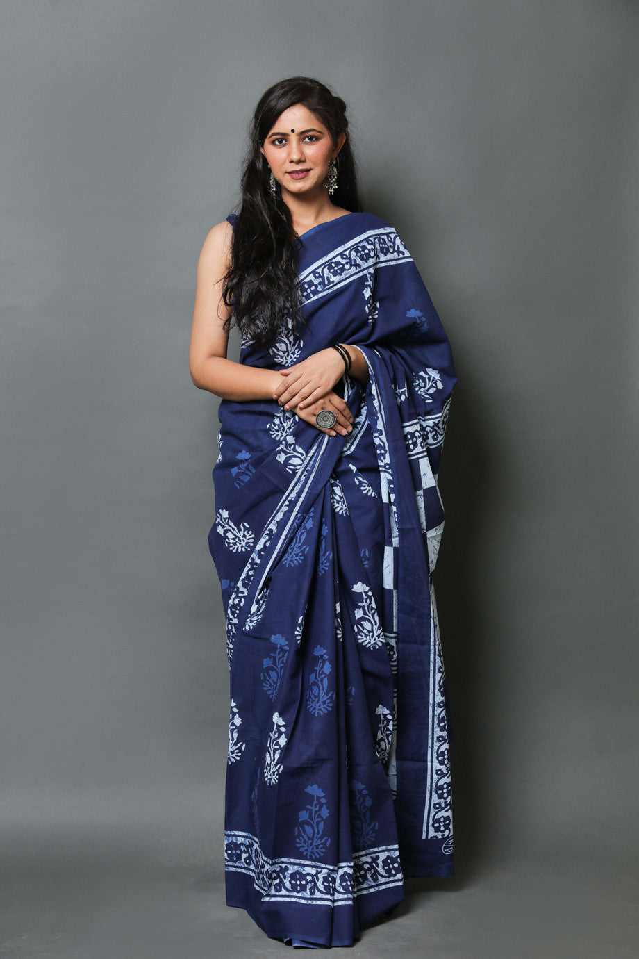 Indigo Blue Block-Printed Saree with Geometric Pallu