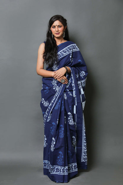 Indigo Blue Block-Printed Saree with Geometric Pallu