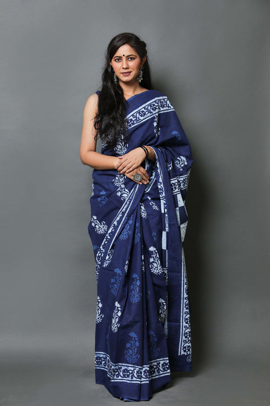Indigo Blue Block-Printed Saree with Geometric Pallu