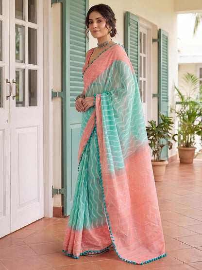 Aqua Blue and Peach Saree with Pom-Pom Lace
