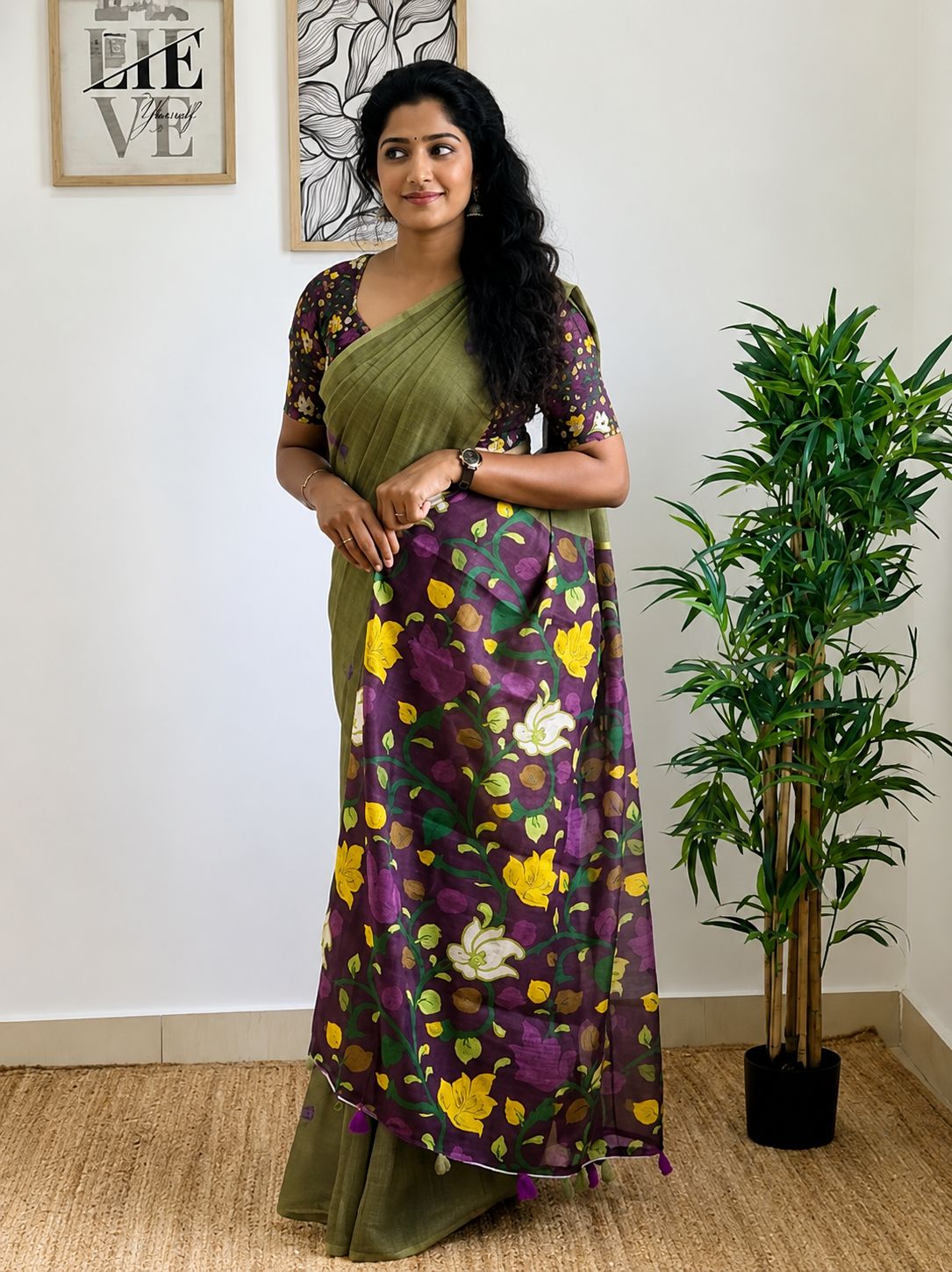 Olive Green Floral Saree with Contrast Botanical Pallu