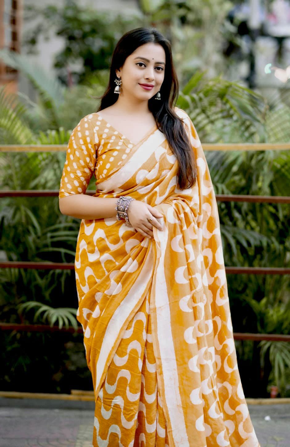 Vibrant Yellow Chevron Batik Saree