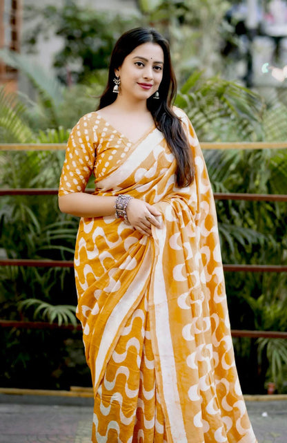 Vibrant Yellow Chevron Batik Saree