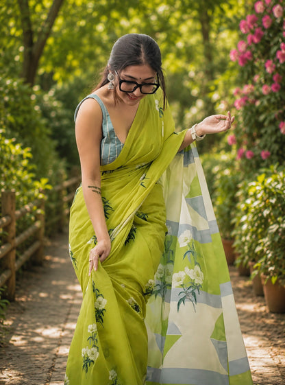 Lime Green Floral Print Saree with Geometric Pallu