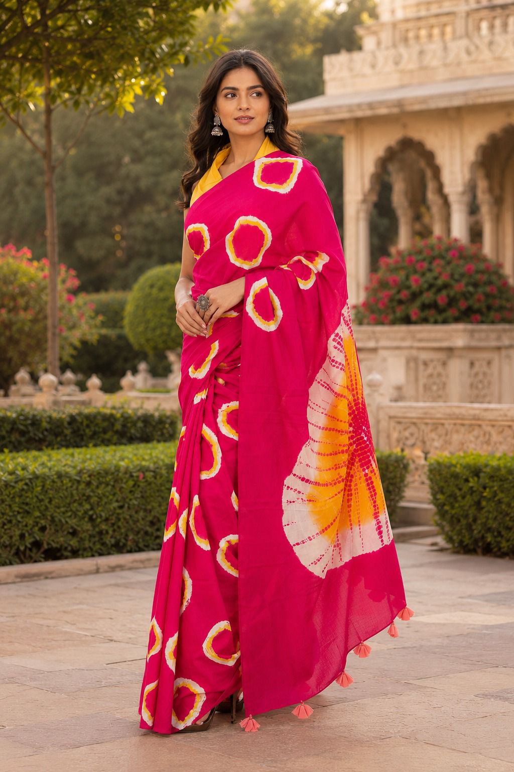 Vibrant Fuchsia Tie-Dye Saree with Yellow Accents