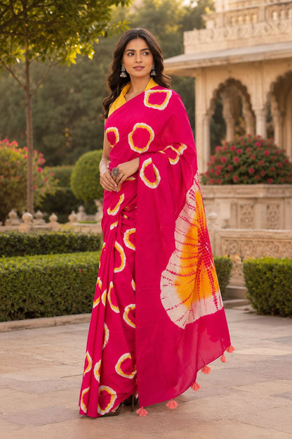 Vibrant Fuchsia Tie-Dye Saree with Yellow Accents