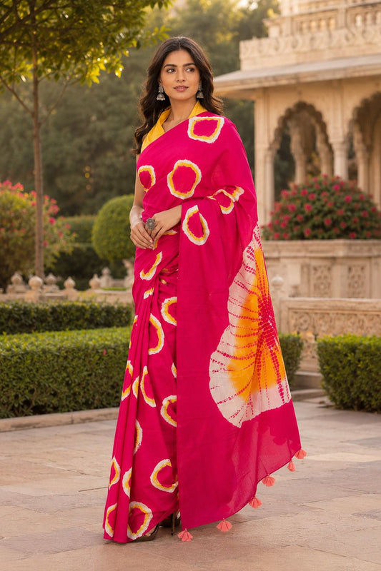 Vibrant Fuchsia Tie-Dye Saree with Yellow Accents