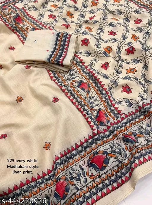 Ivory White Madhubani Style Linen Saree
