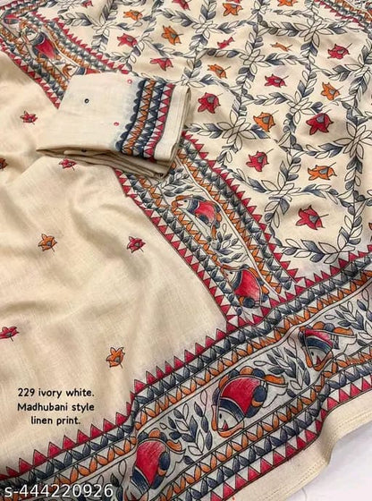 Ivory White Madhubani Style Linen Saree