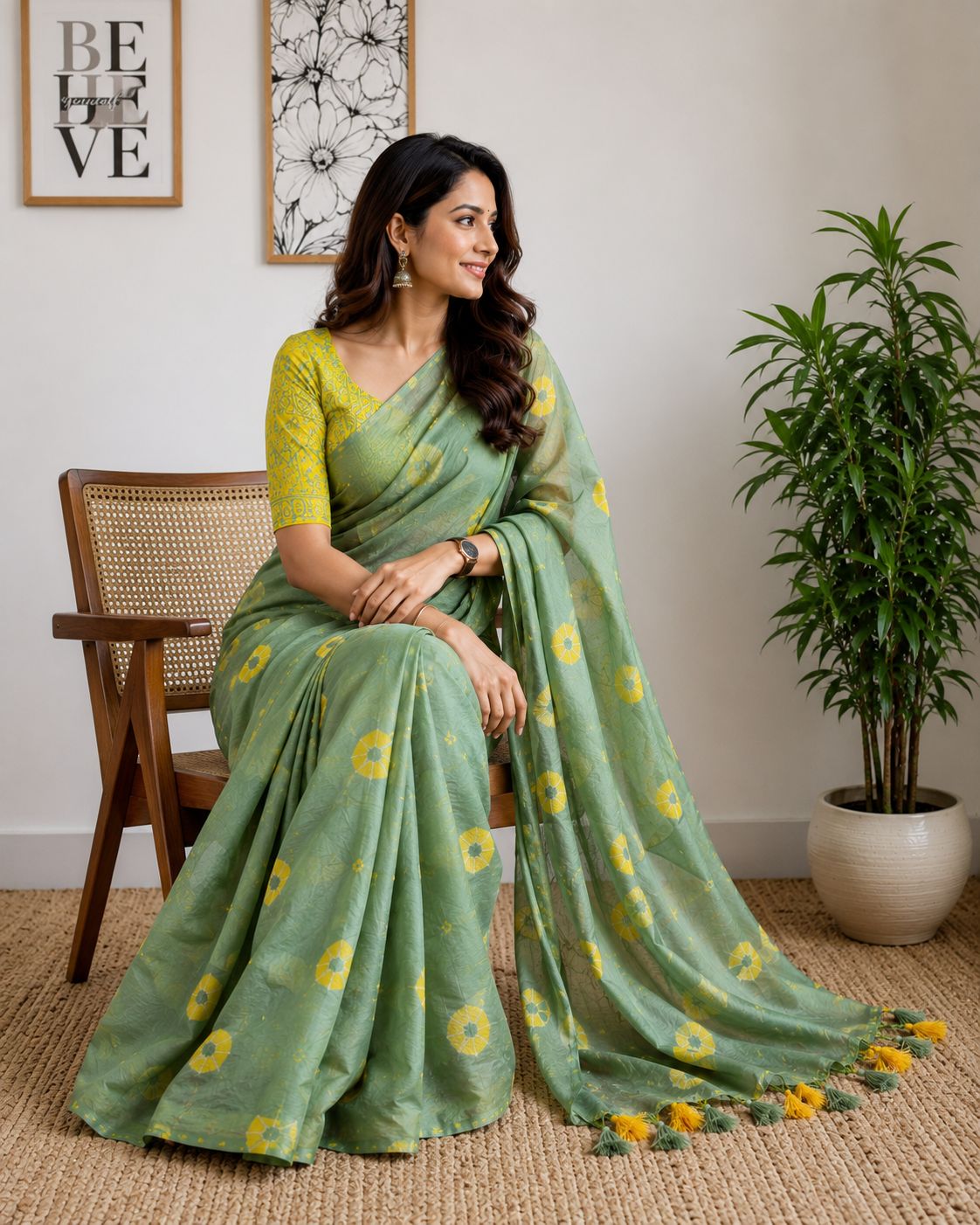 Olive Green Shibori Print Saree with Contrast Yellow Blouse