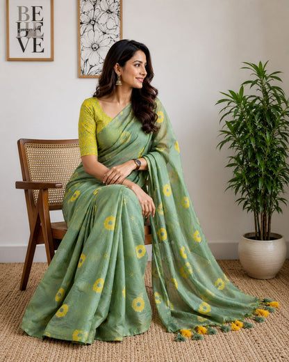 Olive Green Shibori Print Saree with Contrast Yellow Blouse