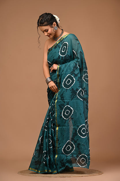 Teal Shibori-Inspired Saree with Gold Border