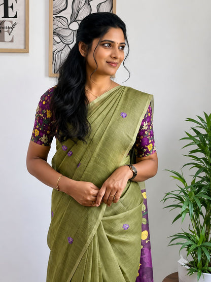 Olive Green Floral Saree with Contrast Botanical Pallu