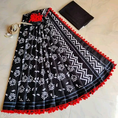 Black and White Floral Print Saree with Red Pom-Pom Lace