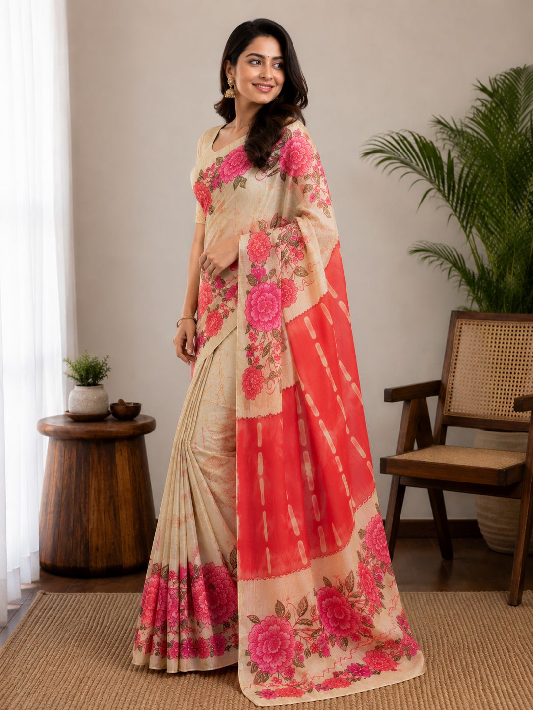 Elegant Cream and Red Floral Hand-Block Saree