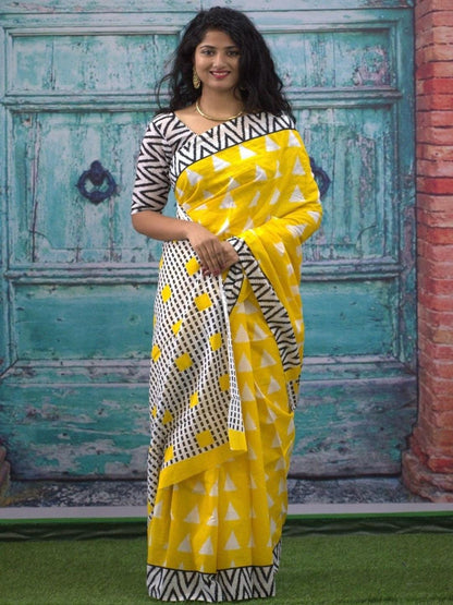 Sunshine Yellow Geometric Cotton Saree