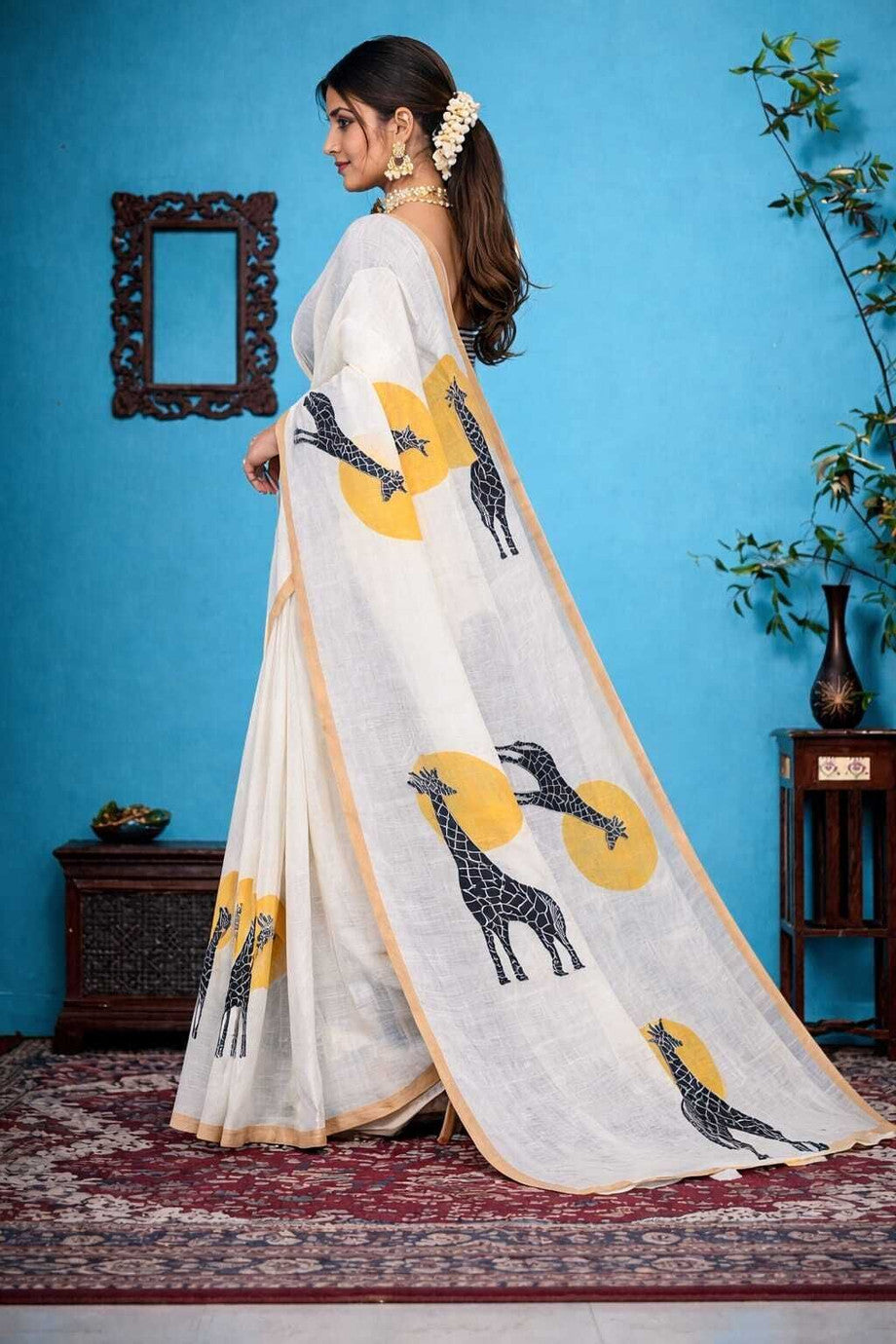 Whimsical Giraffe Motif Saree with Striped Blouse