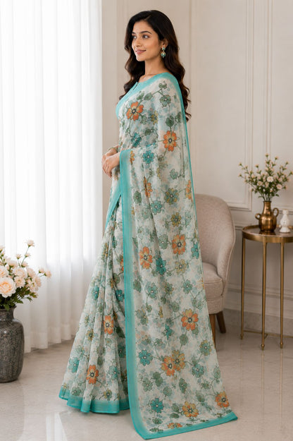 Floral Pastel Saree with Teal Border