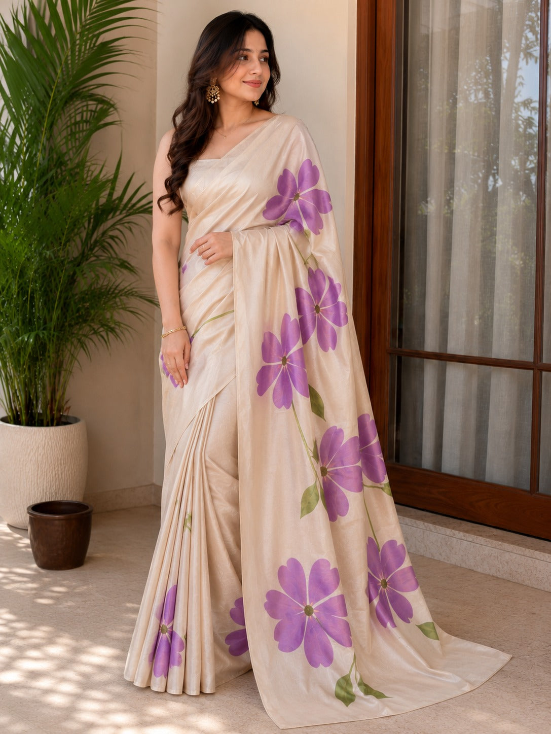 Cream and Purple Floral Erode Silk Saree