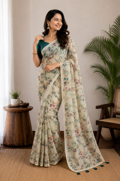 Off-White Floral Botanical Print Saree with Teal Shimmer Blouse
