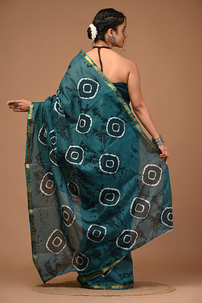Teal Shibori-Inspired Saree with Gold Border