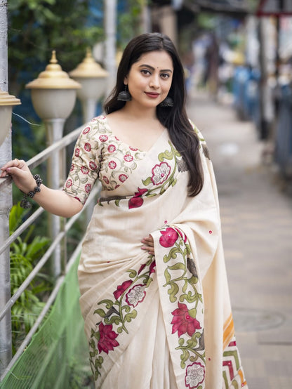 Beige Kalamkari Saree with Floral Hand-Paint Detail