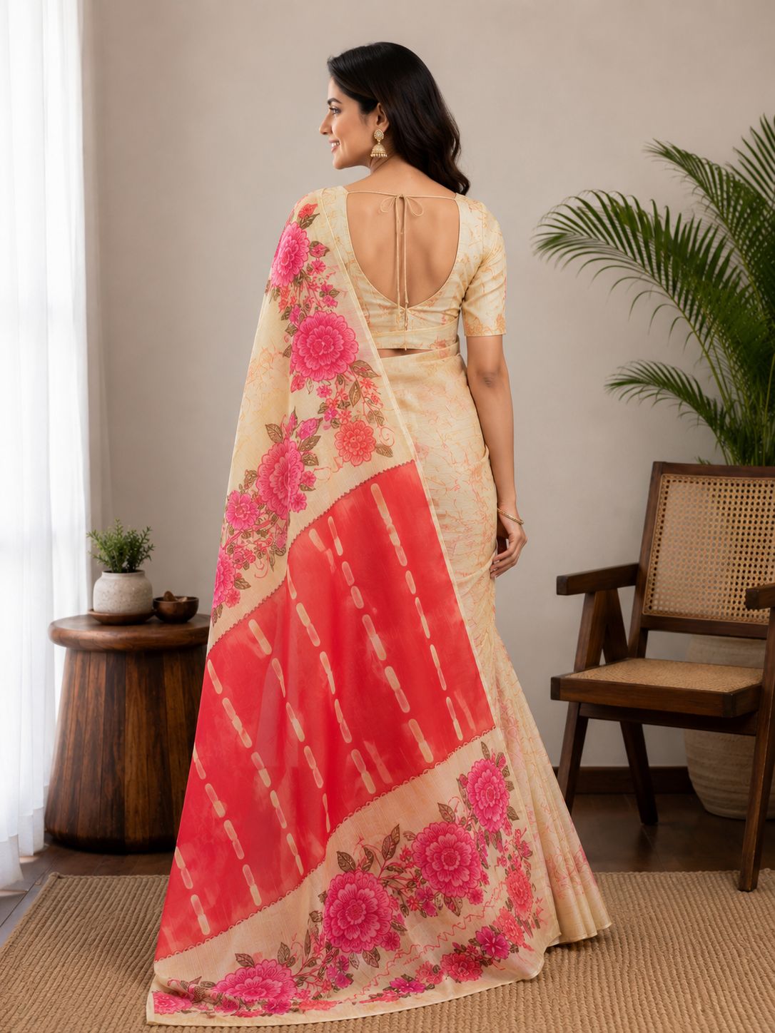 Elegant Cream and Red Floral Hand-Block Saree